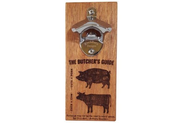 Magnetic bottle opener with butchers guide design