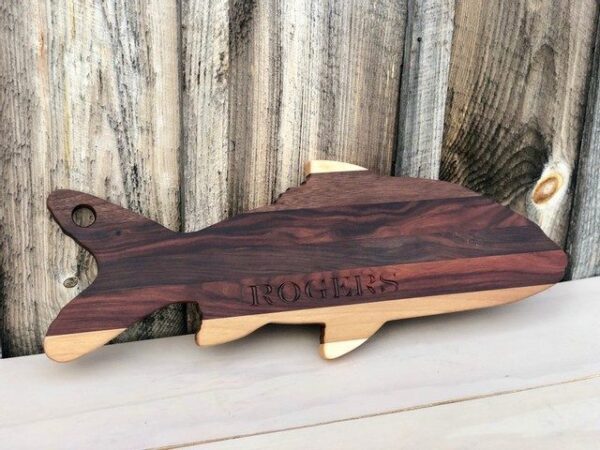 Fish shaped serving board engraved with a name