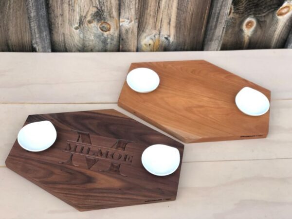 walnut and cherry shaped hexy Serving board with dipping jars